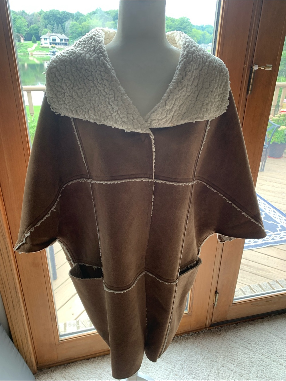 Chico's Cream Sherpa Ponch with Brown Trim